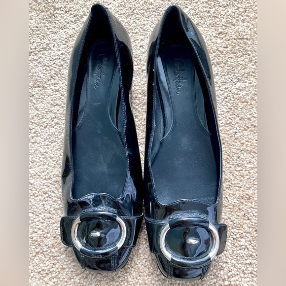 Cole Haan Black Square Toed Slip On Ballet Flats With Small Wedge & Front Buckle - Picture 1 of 7